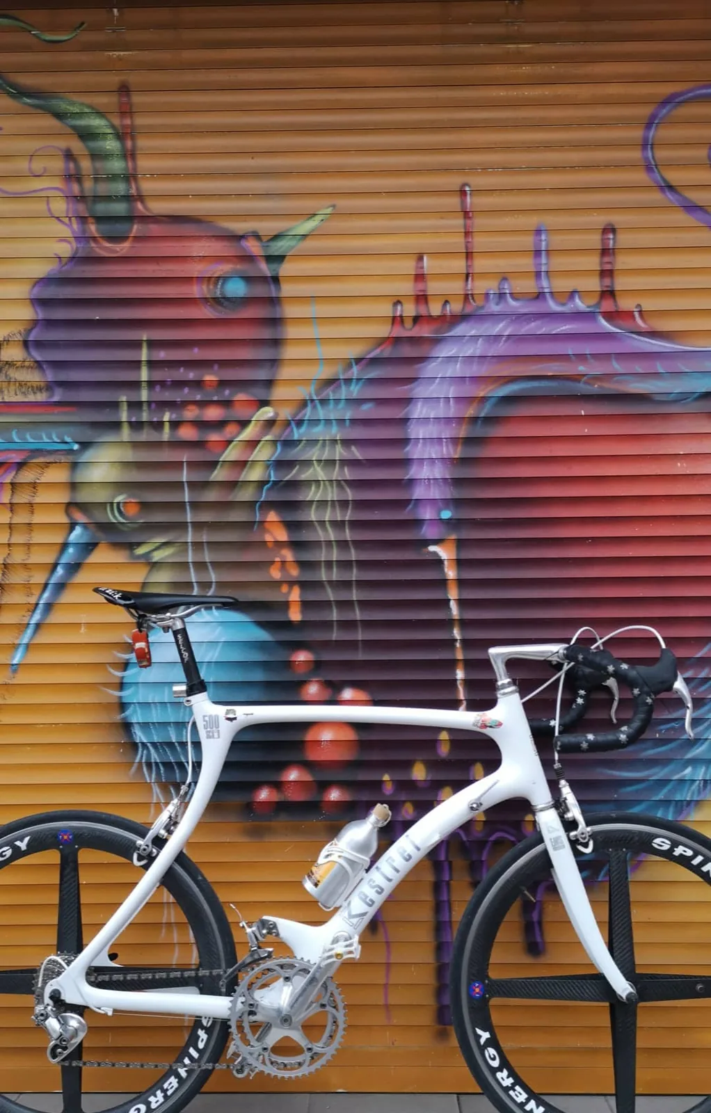 Witte Kestrel carbon koersfiets voor een graffiti-rolluik